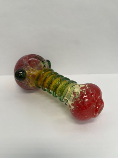 Tobacco Spoon Glass Smoking Pipe - Yellow/Red with Green Rings